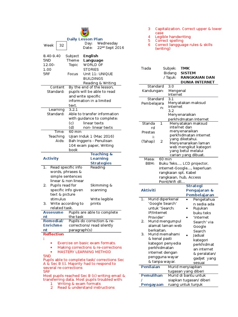 Contoh RPH 2016 Rancangan Pelajaran Harian Bahasa Inggeris | PDF ...
