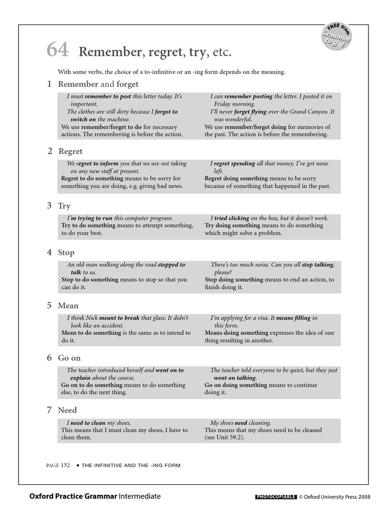 Verb Patterns With Remember Regret Try Etc Pdf