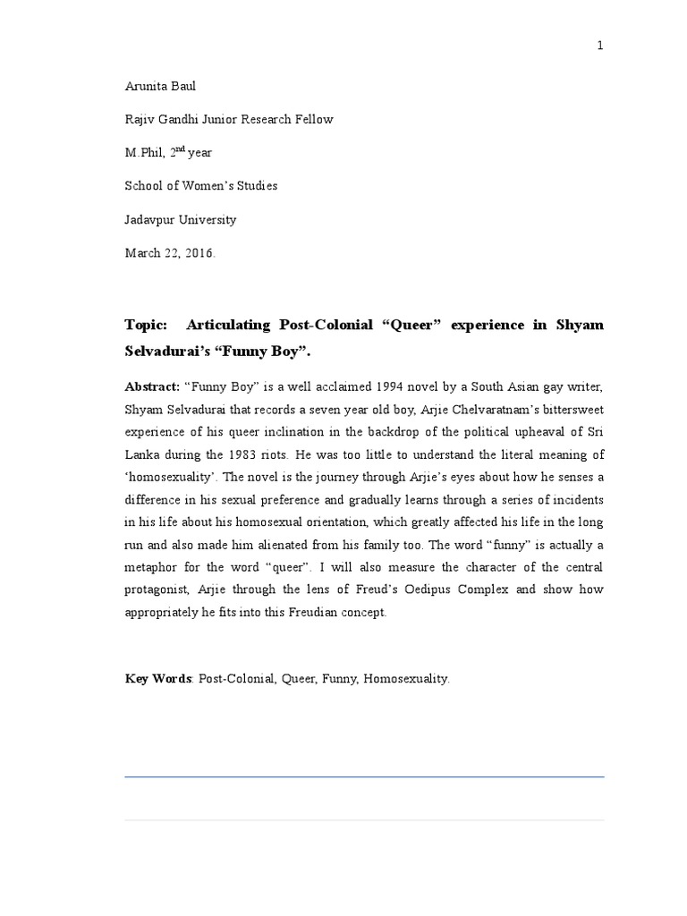 Articulationg Post Colonial Queer Experience in Shyam Selvadurai's Funny Boy PDF Queer