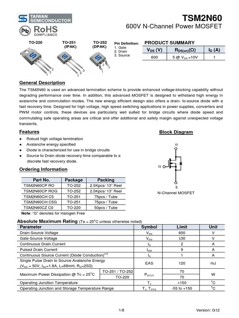 Tsm2n60 N Channel Power Mosfet 600v 5ohm 2a 70w | PDF | Field Effect ...