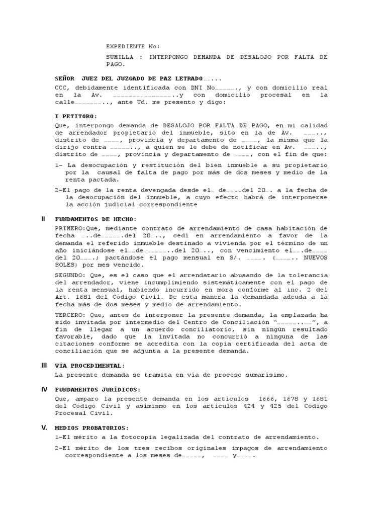 Interpongo Demanda de Desalojo Por Falta de Pago (MODELO DEMANDA) PLANTILLA  | PDF | Demanda judicial | Virtud