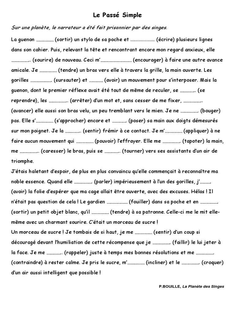 Exercice Passé Composé Cm1 En Ligne Passé Composé - La Planète Des Singes - Texte À Trous | PDF