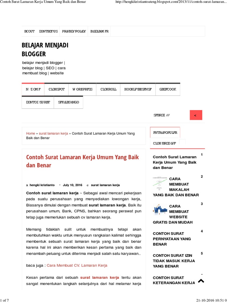 Contoh Surat Lamaran Kerja Umum Yang Baik Dan Benar
