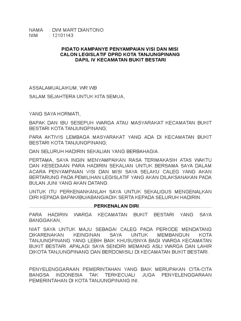 Pidato Kampanye Calon Legislatif Dprd Kota Tanjungpinang