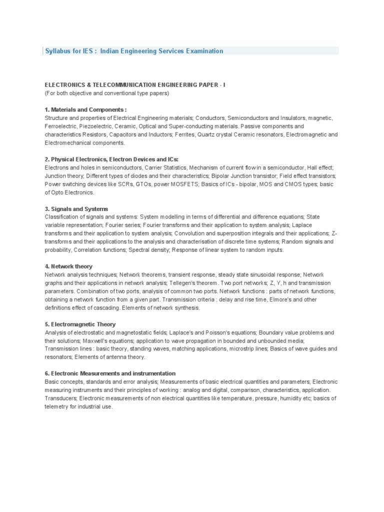 Syllabus For IES: Indian Engineering Services Examination: Electronics ...