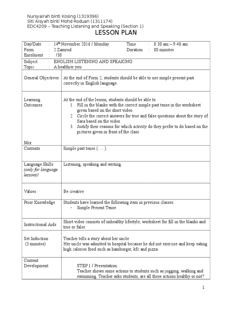 Lesson Plan Listening and Speaking Edited | PDF | Lesson Plan | Quality ...