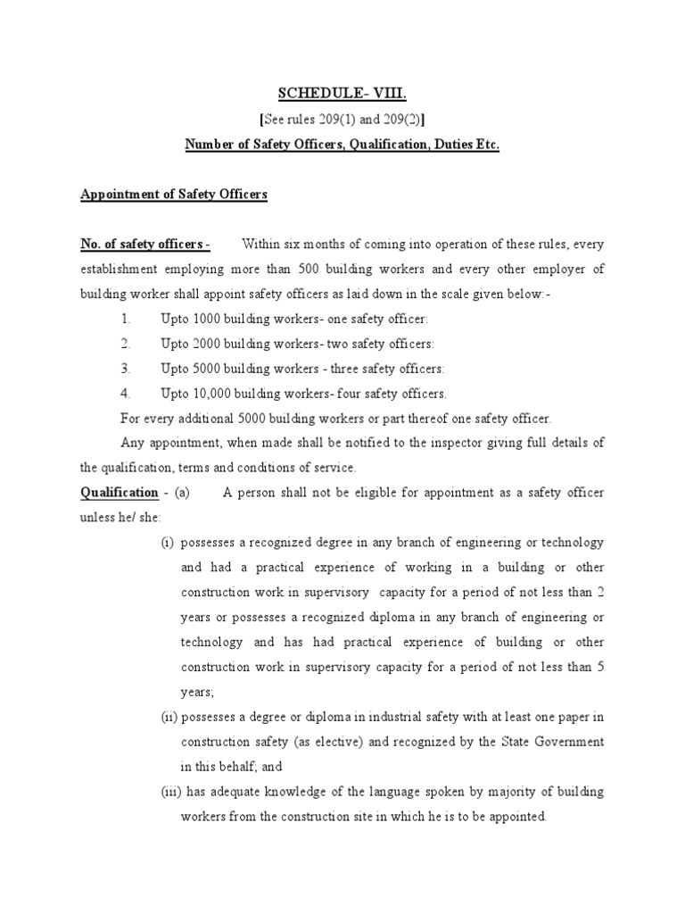 ScheduleViii. (See Rules 209 (1) and 209 (2) ) Number of Safety Officers, Qualification
