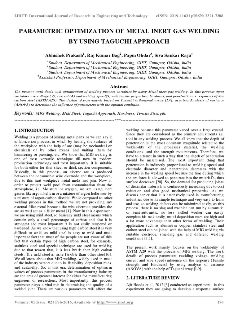 Parametric Optimization of Metal Inert Gas Welding by Using Taguchi