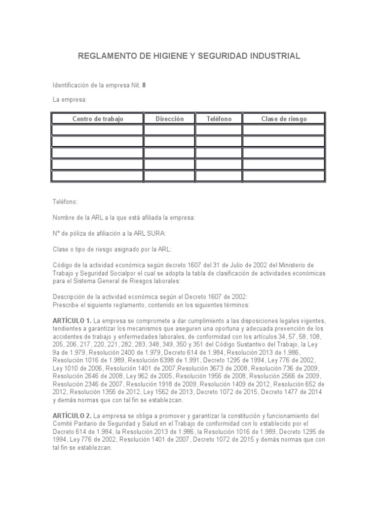 Reglamento de Higiene y Seguridad Industrial