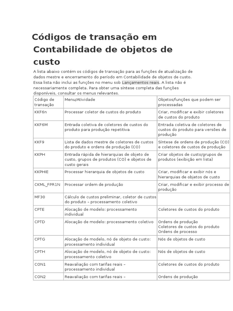 Códigos de Transação em Contabilidade de Objetos de Custo | PDF ...
