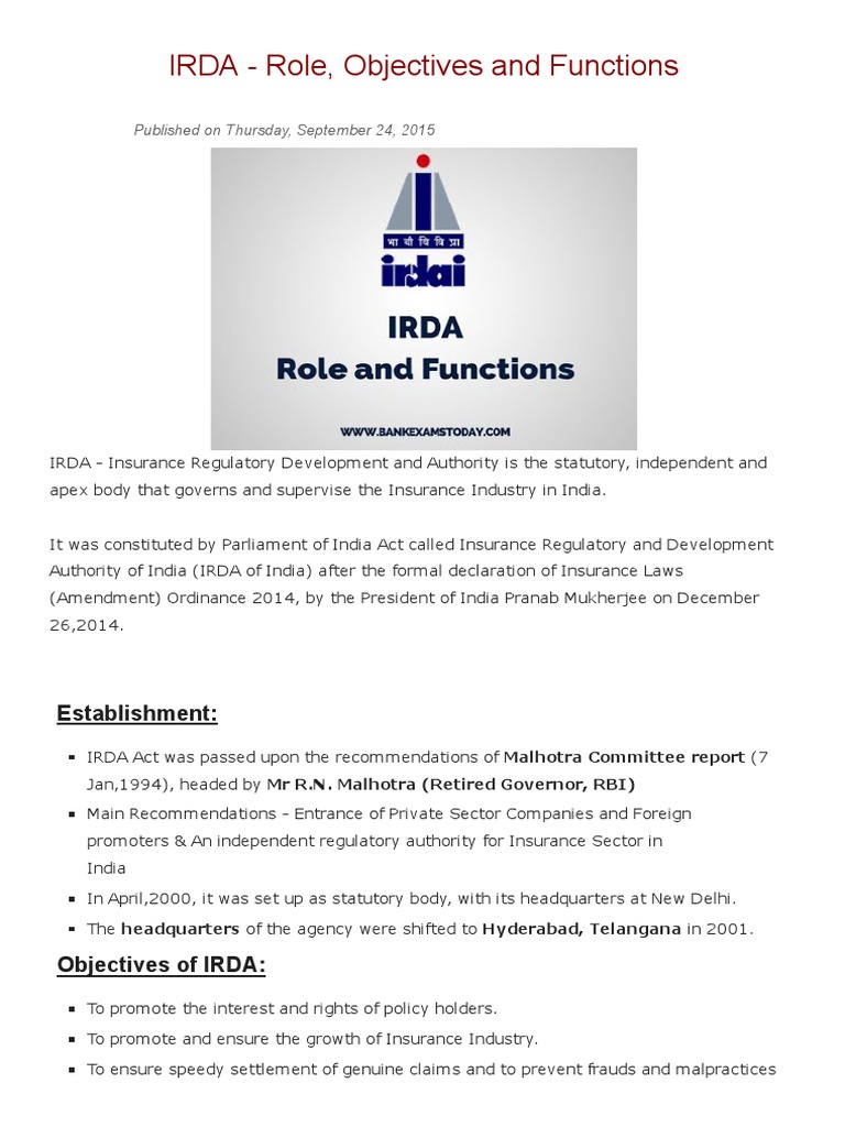 IRDA Role, Objectives and Functions. Insurance Business