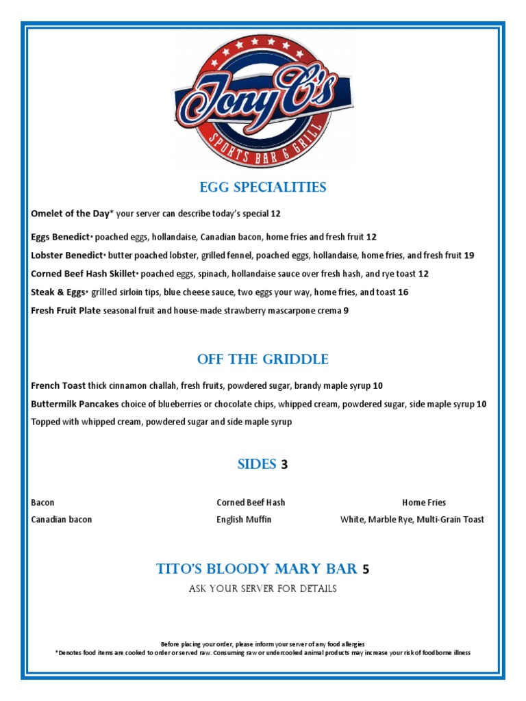 Tony C's Fenway Brunch Menu | PDF | Western Cuisine | Regional & Ethnic ...