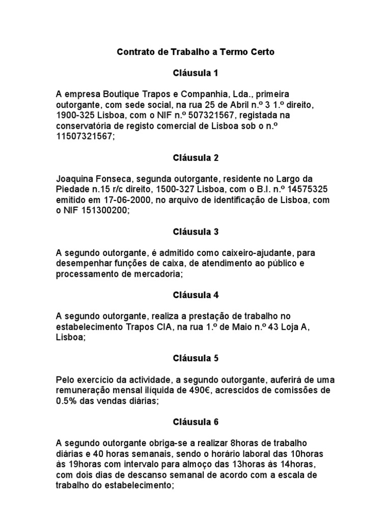 Contrato de Trabalho a Termo Certo