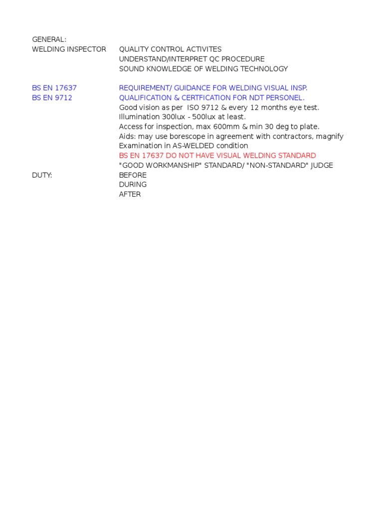 BS EN 17637 Requirement/ Guidance For Welding Visual Insp. BS EN 9712 ...