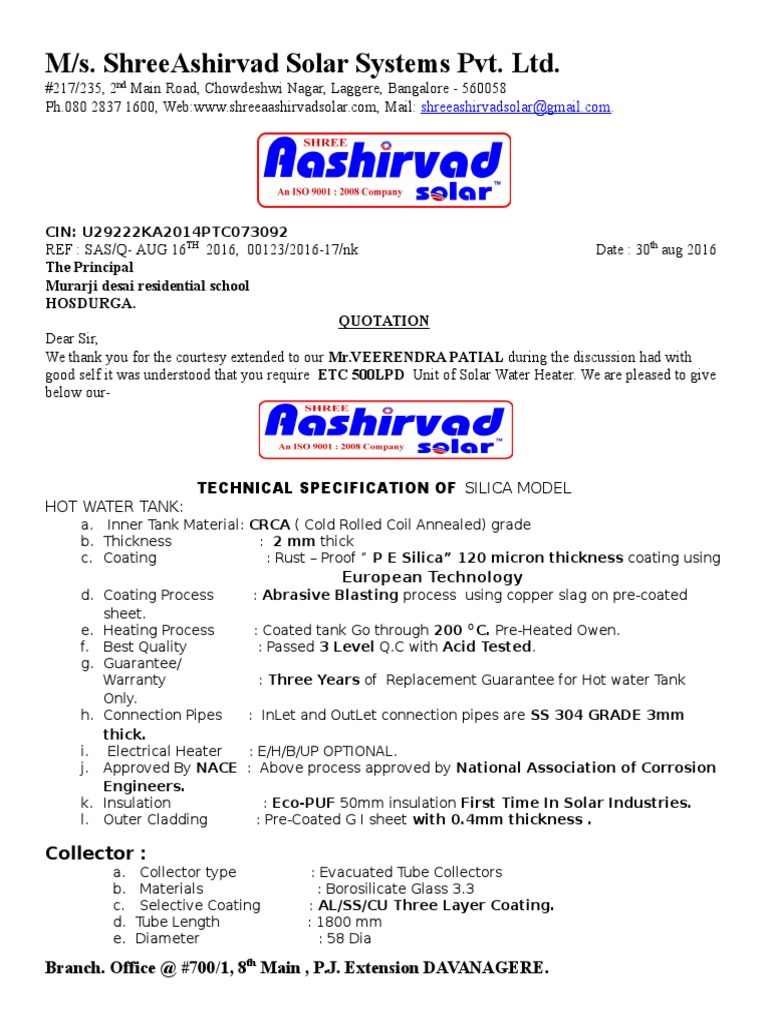 Ashirvad Solar QTN 500 LP | PDF | Water Heating | Pipe (Fluid Conveyance)