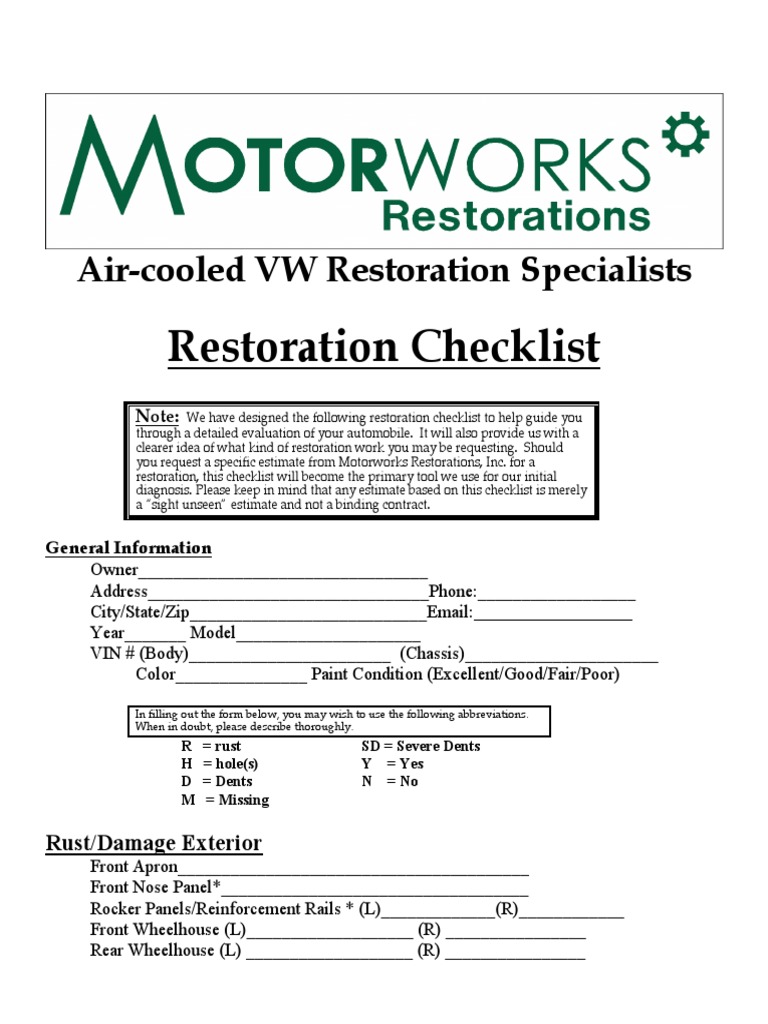 Restoration Checklist PDF Trunk (Car) Door