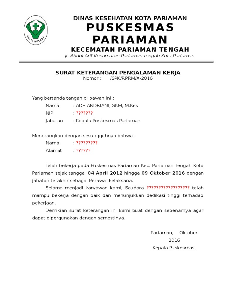 Contoh Surat Keterangan Pengalaman Kerja Di Puskesmas Animasi - IMAGESEE