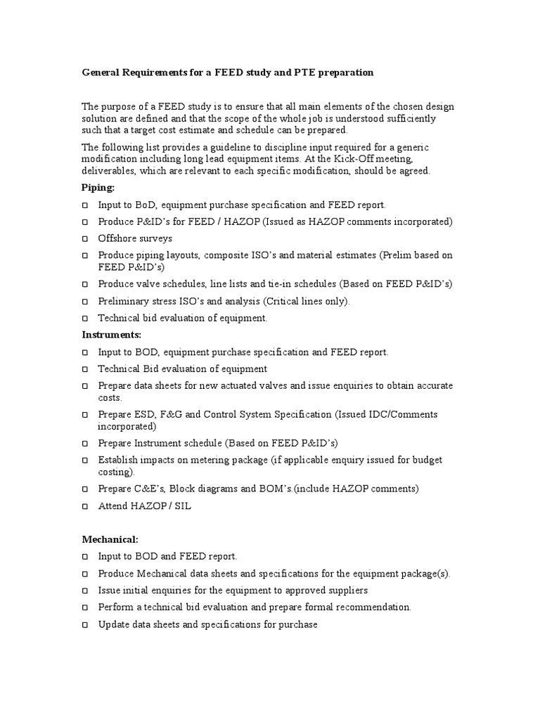 FEED Study General Requirements Guide | PDF | Specification (Technical ...