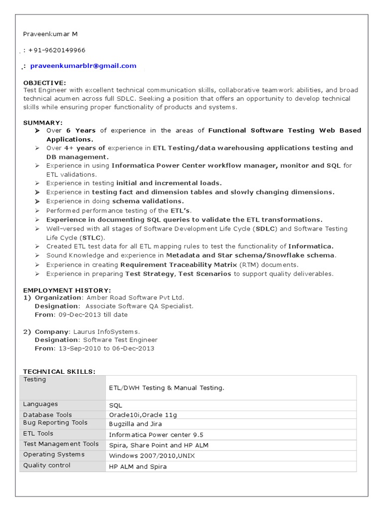 Experienced ETL Test Engineer Resume | PDF | Software Testing | Sql