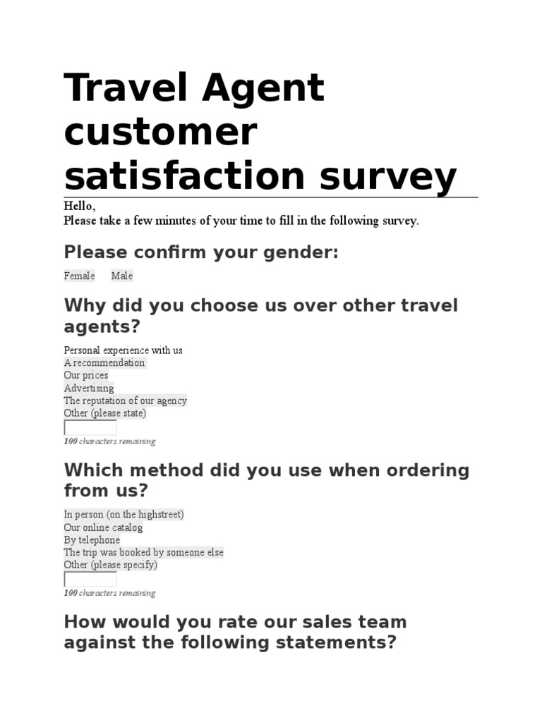 Travel Agent Customer Satisfaction Survey PDF Travel Agency