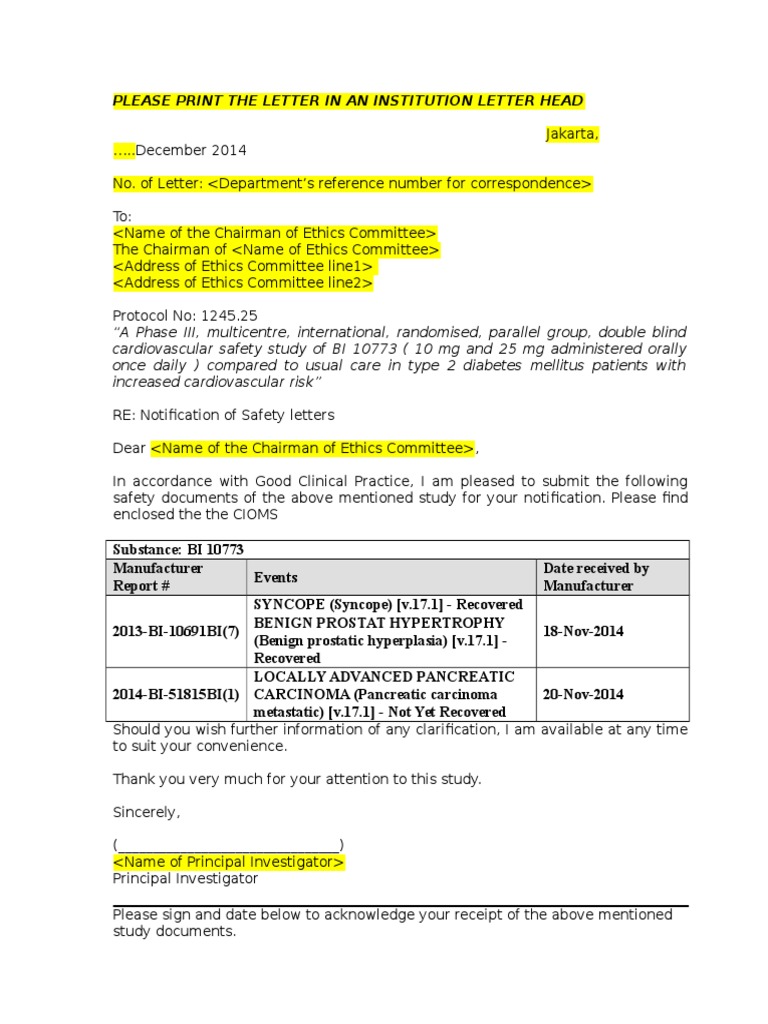 Safety Notification for Ethics Committee | PDF | Wellness | Science ...