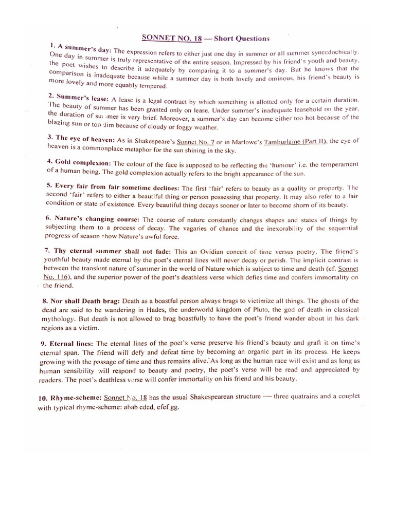 Sonnet 18 Short Question Pdf