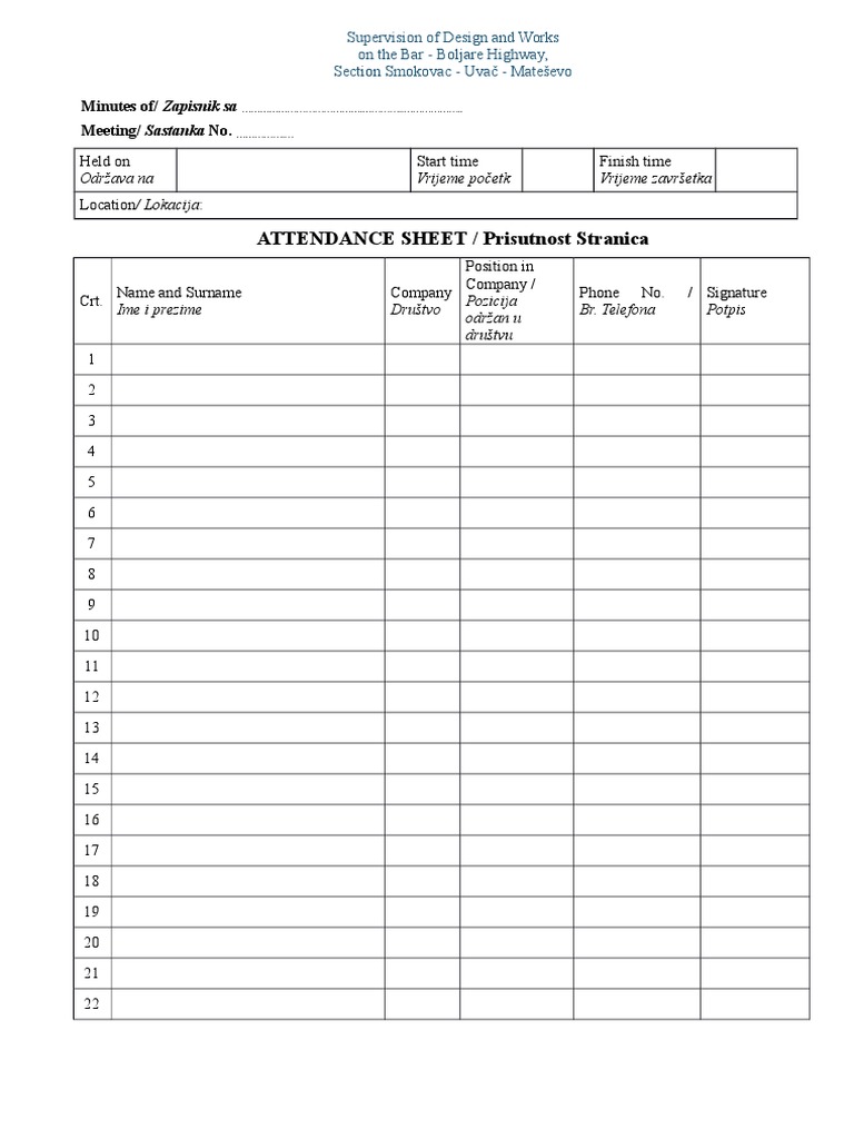 ATTENDANCE SHEET / Prisutnost Stranica: Held On Start Time Finish Time ...