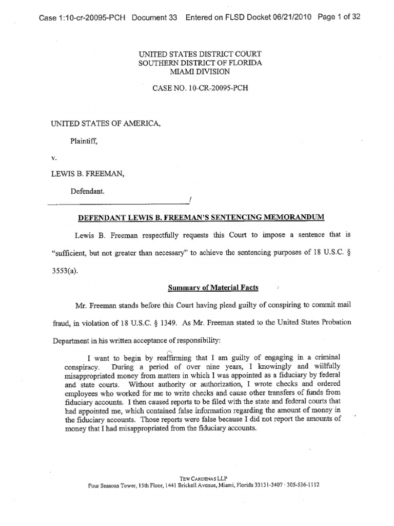 Lewis Freeman Sentencing Memorandum PDF United States Federal