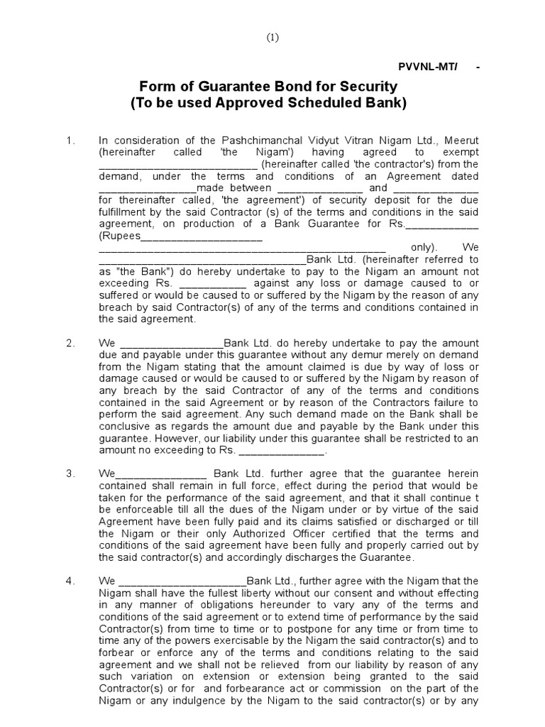 Form of Bank Guarantee Bond for Depositing Security Guarantee Virtue