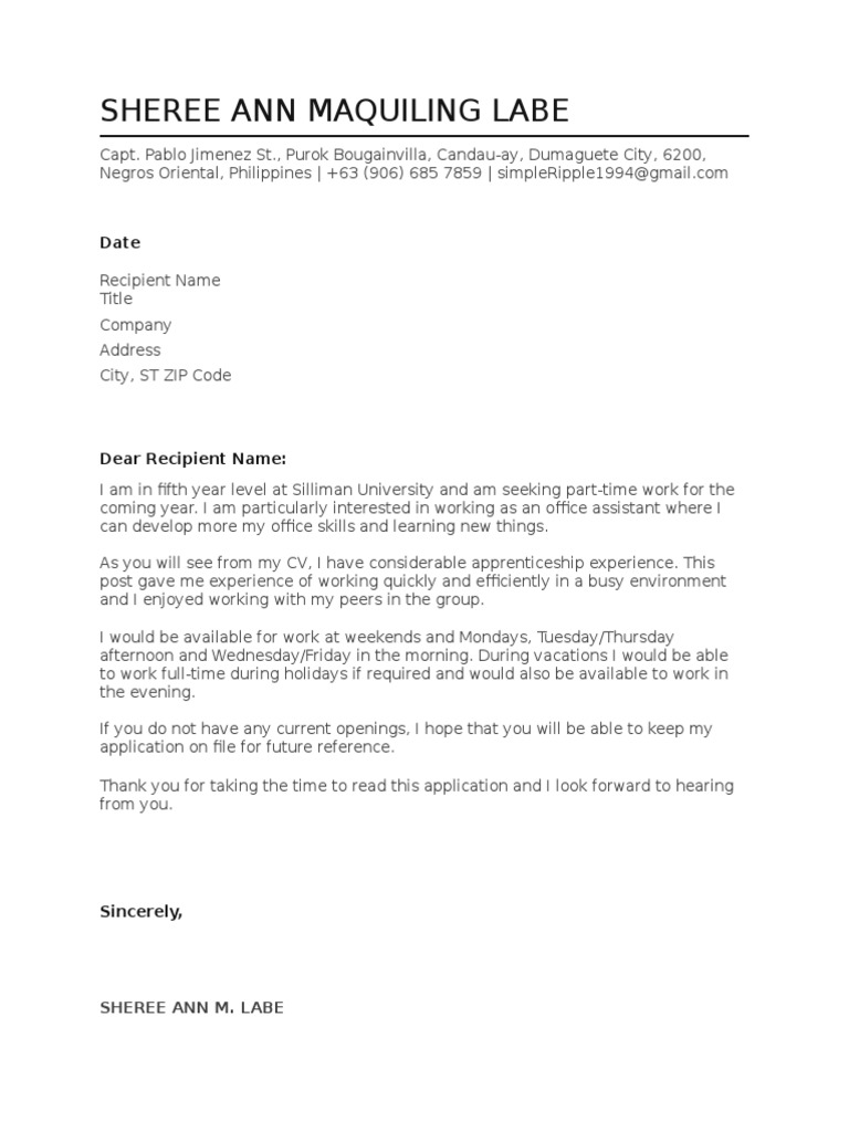 Seeking part time office work resume and cover letter from college