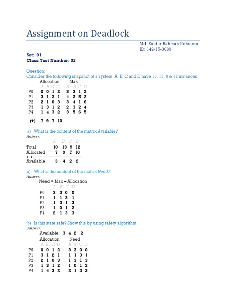 Deadlock Exercise with solution Computer Science Discrete Mathematics