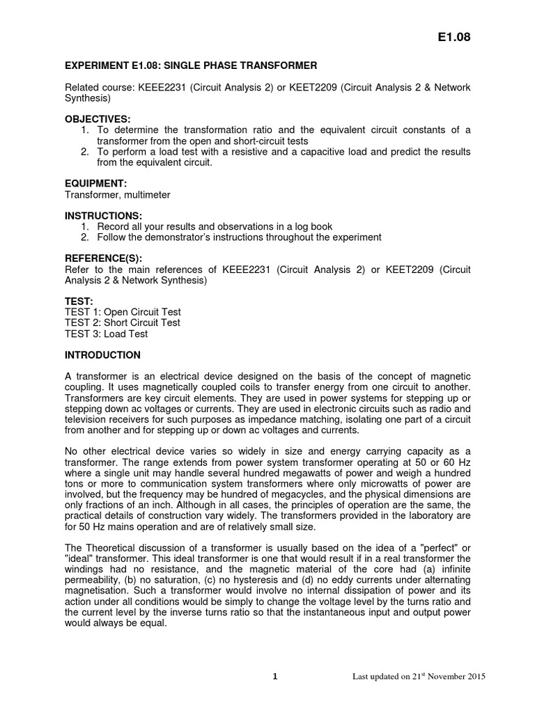 E1.08 (2016) Single Phase Transformer | PDF | Transformer | Network ...
