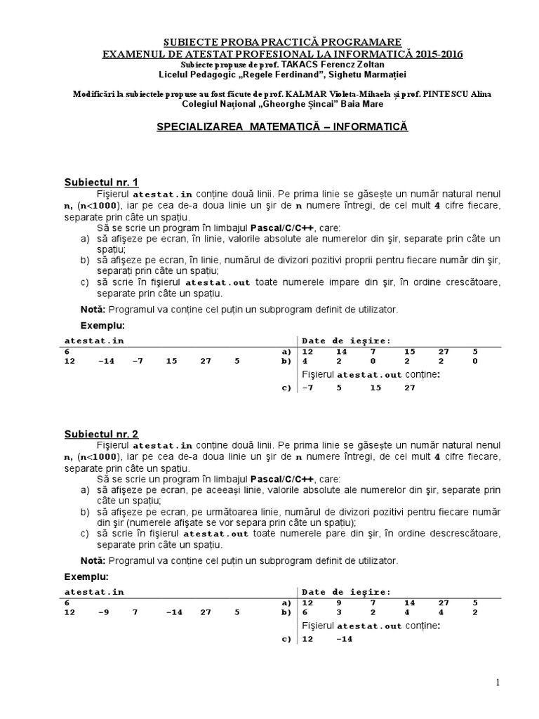 Subiecte Atestat Programare Neintensiv 2015 2016 | PDF