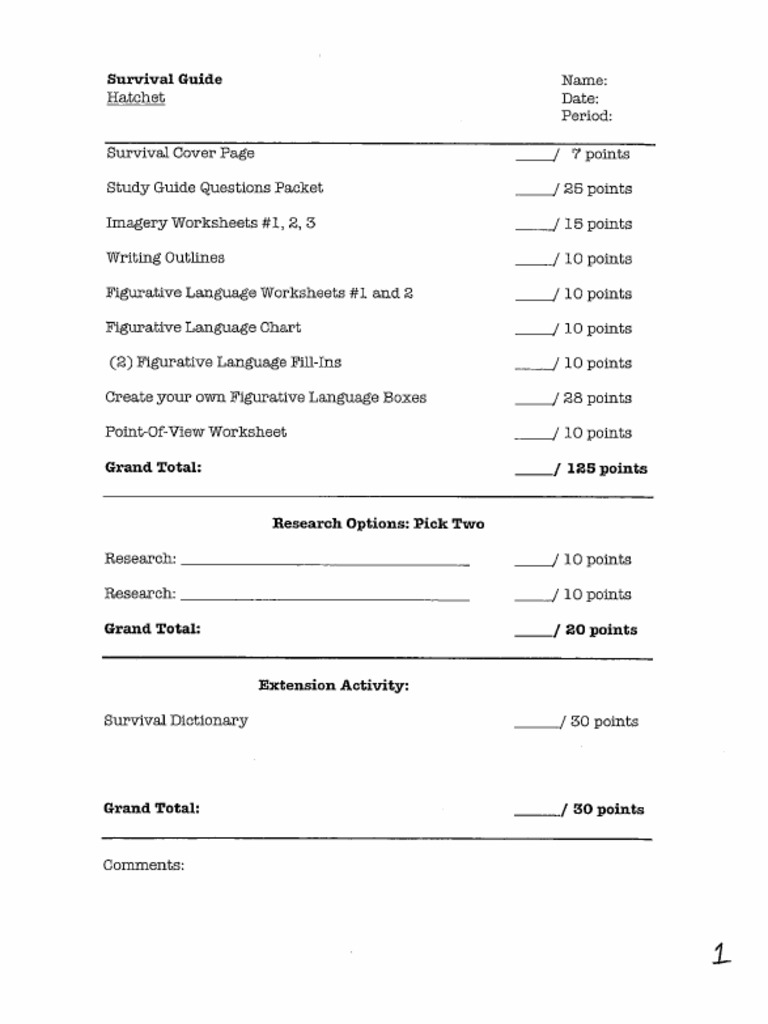 Hatchet Packet | PDF for Free Printable Hatchet Worksheets Printable