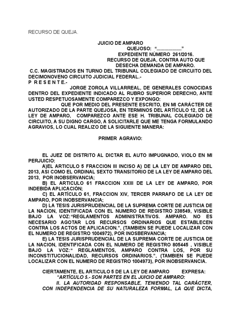 Recurso de Queja en Amparo Directo | PDF | Caso de ley | Derechos humanos
