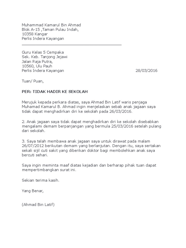 Contoh Surat Rasmi Tidak Hadir Ke Sekolah Pdf