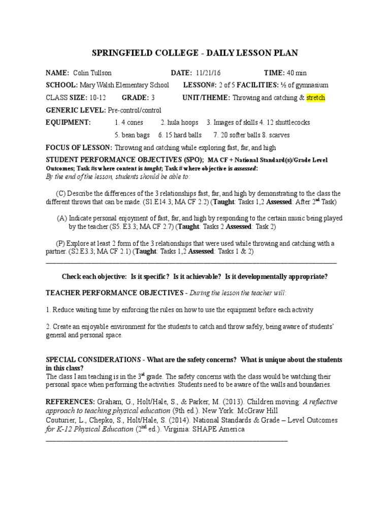 Lesson Plan 2 Throwing and Catching PDF Physical Education Teachers