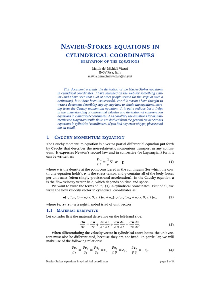 Navier-Stokes Equations Derivation in Cylindrical Coordinates | PDF ...