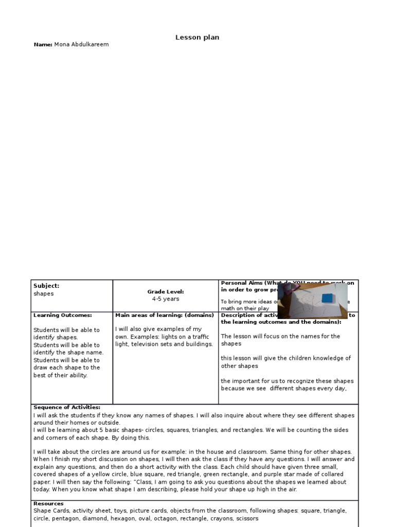 Shapes Lesson Plan for Preschoolers | PDF | Language Arts & Discipline ...