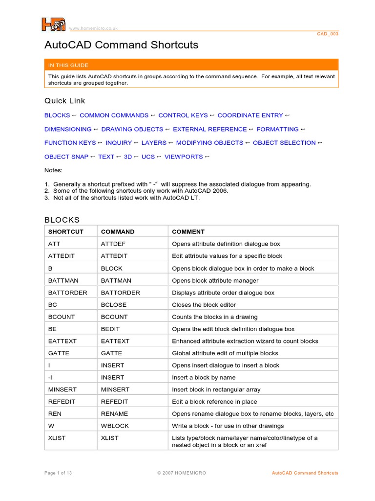 Autocad Command Shortcuts: Quick Link | PDF