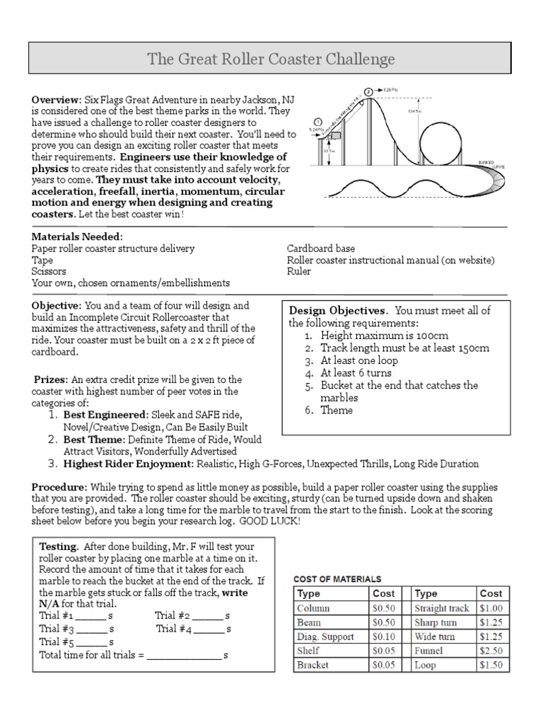 roller coaster project rubric | Classical Mechanics | Physics