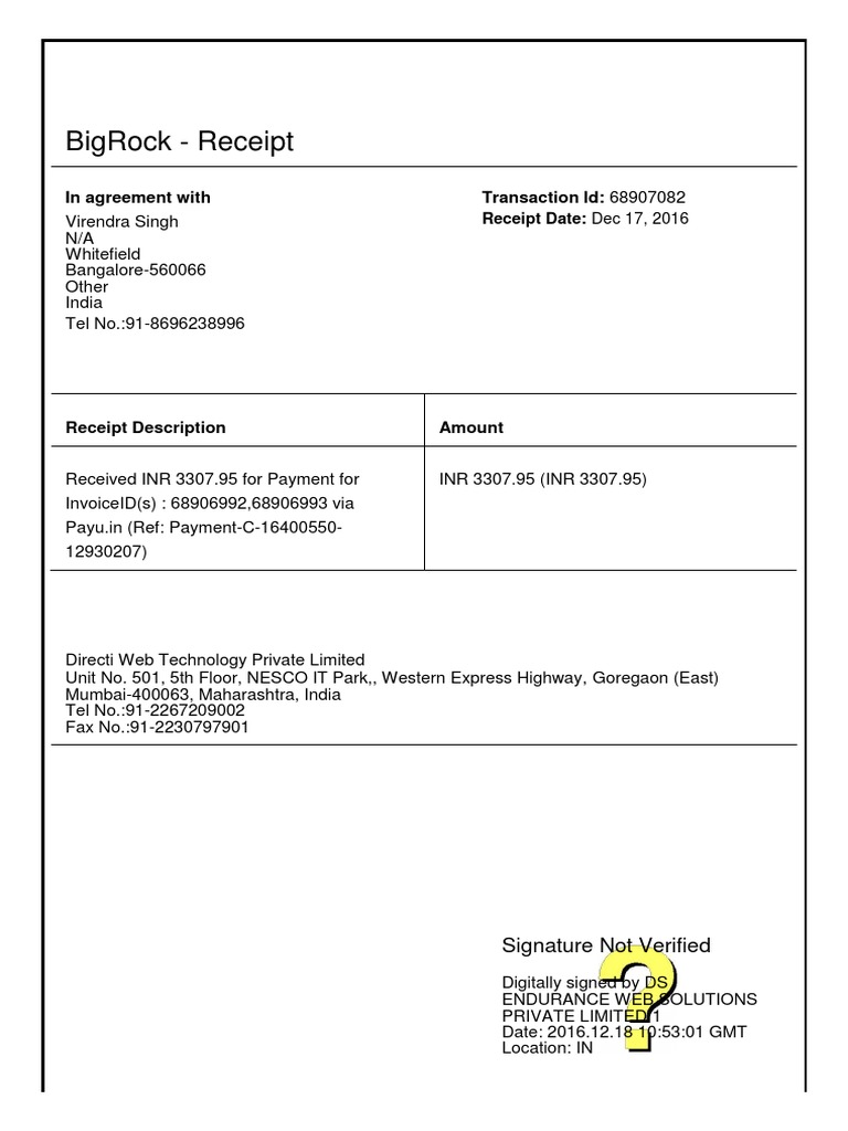 BigRock Payment Receipt - INR 3307.95 | PDF