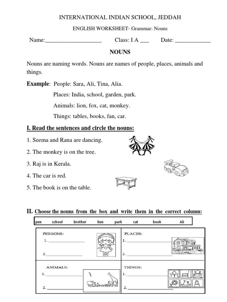 english worksheets class 1 nouns plurals verbs adjectives and