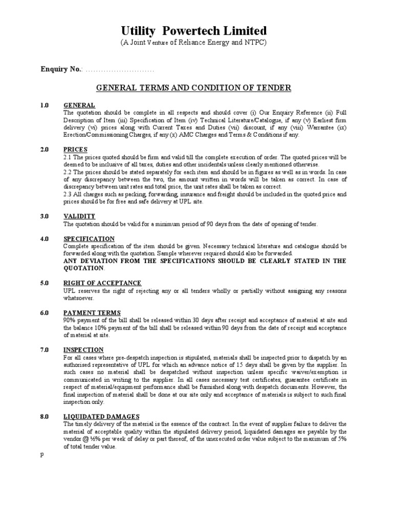 General Terms and Condition of Tender 3.2 Guarantee Contractual Term