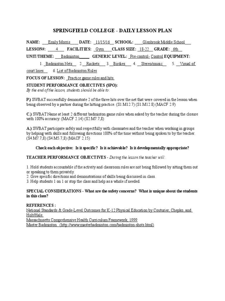 Badminton Lesson 4 PDF Lesson Plan Quality Of Life