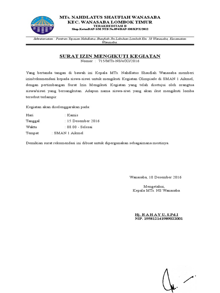 Surat Rekomendasi Ikut Lomba Kegiatan | PDF