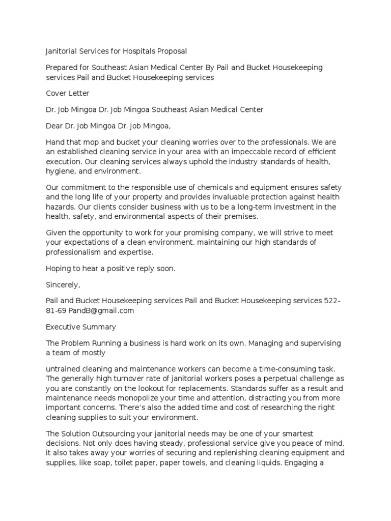 Janitorial Services For Hospitals Proposal PDF Housekeeping Hygiene