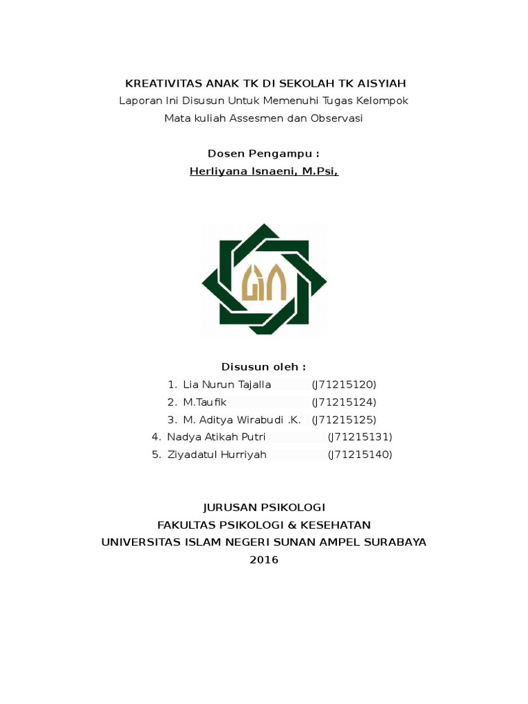LAPORAN OBSERVASI KREATIVITAS ANAK TK DI SEKOLAH TK AISYIAH