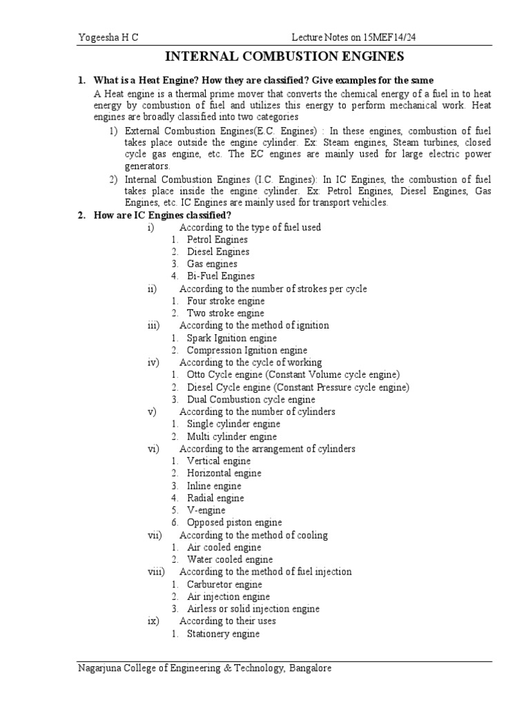 Classification and Working Principles of Internal Combustion Engines