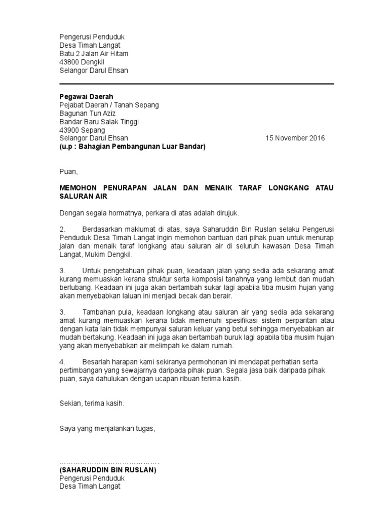 Surat Mohon Menurap Jalan Dan Menaik Taraf Longkang